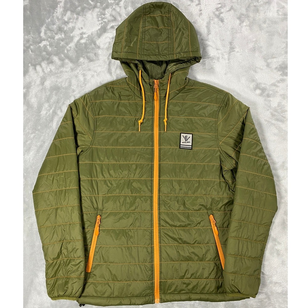 Shreddy Lyfe Puffer Jacket Men Small Olive Green Orange Hooded Lightweight Nylon